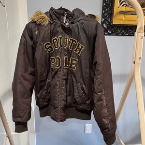 Y2K South Pole Brown Puffer Jacket with Faux Fur Trim